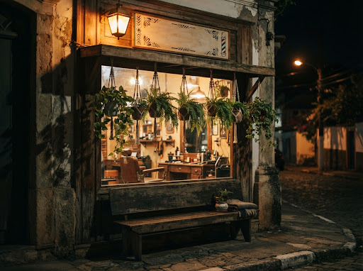 Fachada clássica de barbearia tradicional de tijolos iluminada à noite com vitrine de madeira quente