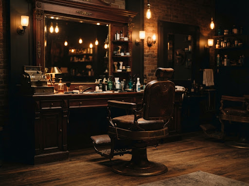 Cadeira de barbeiro vintage em couro acolchoado iluminada por luz âmbar suave em ambiente clássico